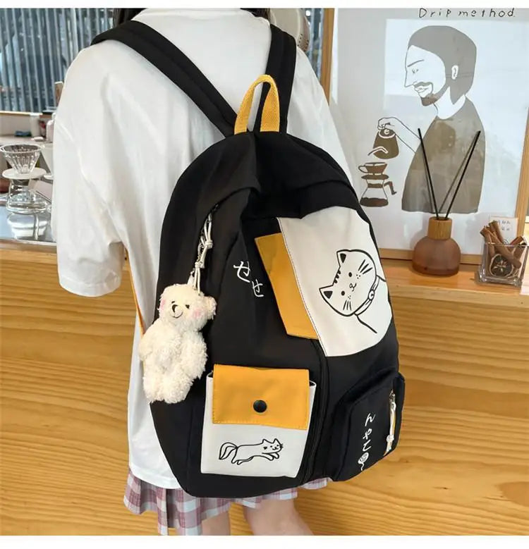 Hundreds of simple junior high school students schoolbag Large capacity primary school students schoolbag cute cat pattern