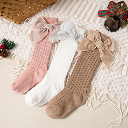 Baby Girls Knee High Socks Autumn Winter Kids Big Bow Long Soft Christmas Sparkly Sock Cotton Red Children Socken For 0-8 Years