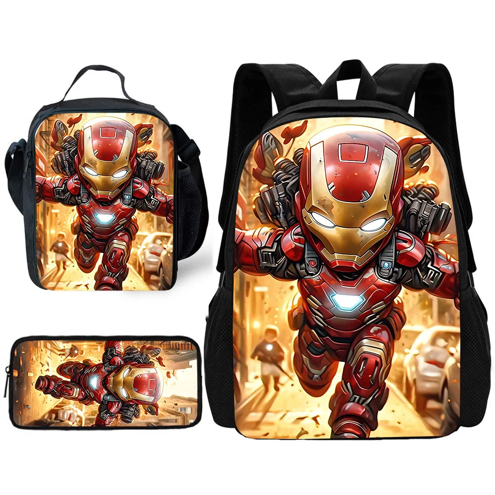 3 pcs set Cute Anime For Irons Man Child School Backpack with Lunch Bags ,Pencil Bags ,School Bags for Boys Girls Best Gift