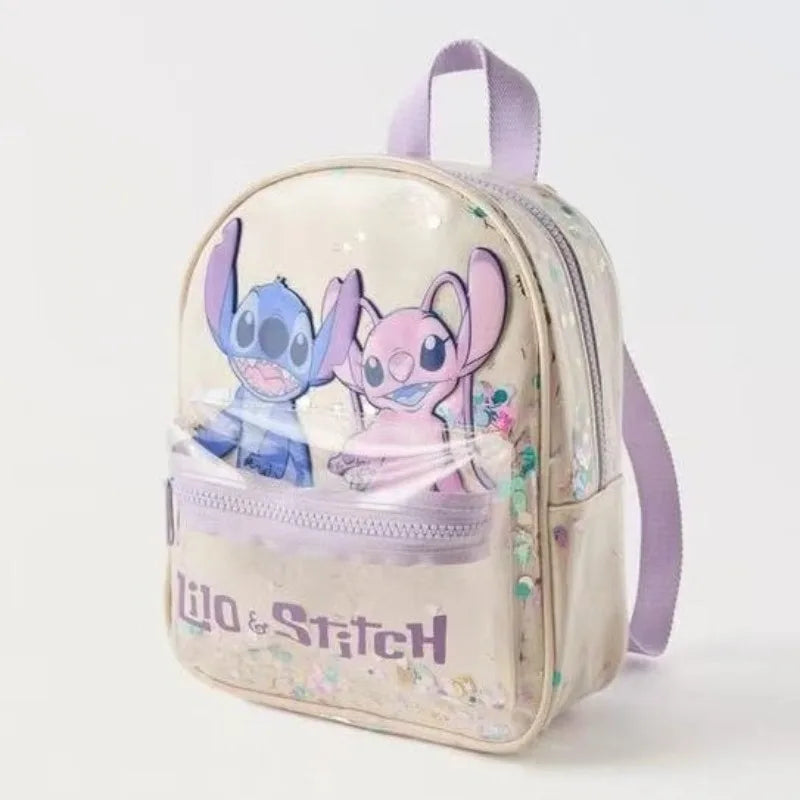 New Disney Off-white Stitch Printed Transparent Sequin Star Decoration Cute High-quality Backpack for Boys and Girls