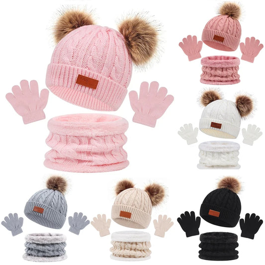 Baby Winter Hat Scarf Gloves Set Knitted Fur Ball Kids Beanie Baby Cap for Girls Boys Accessories Infant Bonnet Toddler Hat 1-5Y