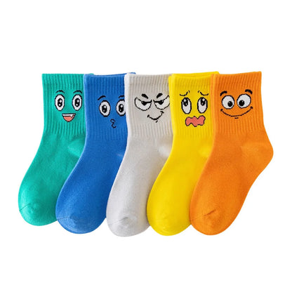 5 Pairs Kids Socks Emoticons Funny Face Pattern Comfortable Breathable Boys Girls Socks