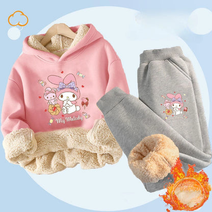 Kuromi Plush Warm Children's Clothing Set for Girls Thicken Fleece Lined Sweatshirt + Pants 2 Pcs Suit Winter Tracksuit