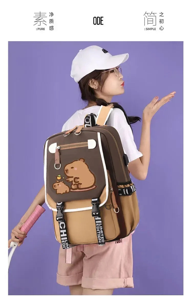 Kawaii Capybara Stylish Computer Backpack College School Casual Daypack Teens Bag Large Capacity Adjustable Strap Schoolbag