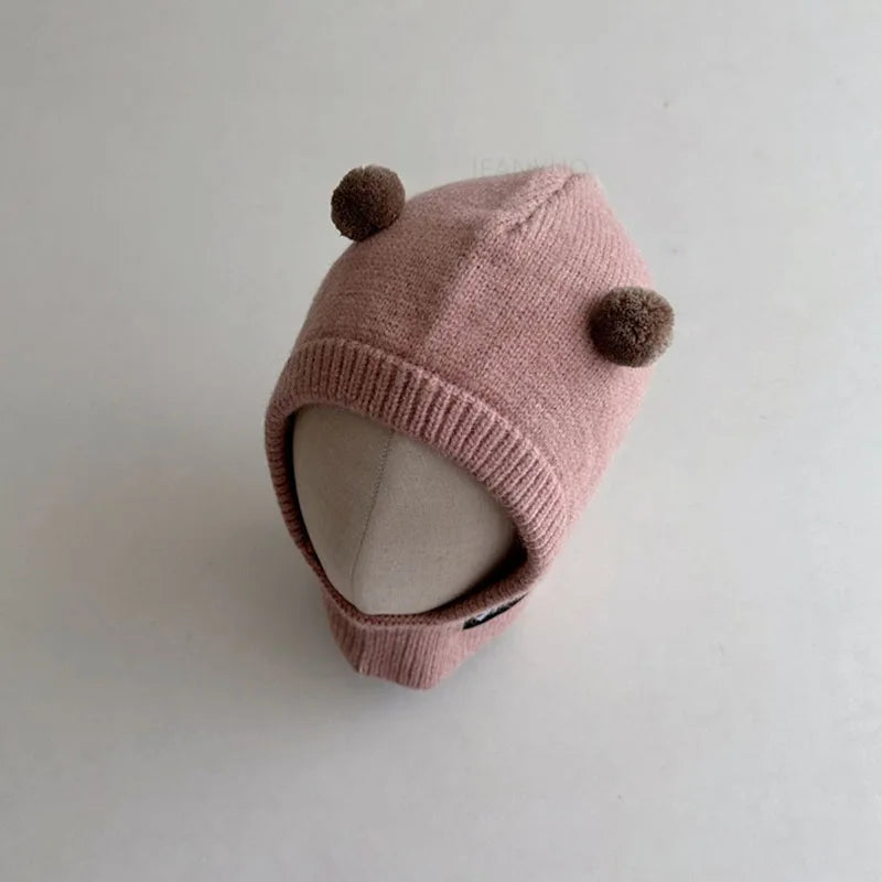 Baby Scarf Hat One-piece Knitted Cap Warm Cute Double Hairball Children Ear Protection Caps Korean Boys Girls Kid Windproof Hats