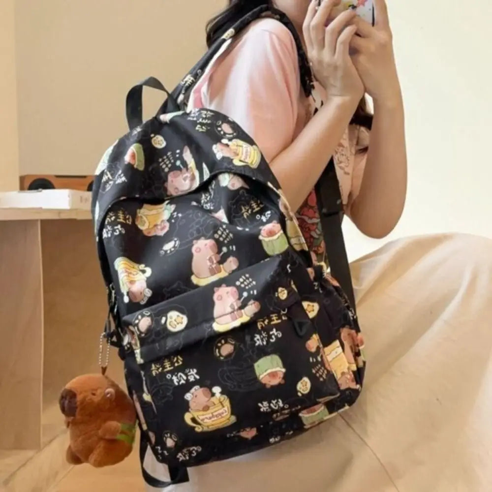 Kawaii Cartoon Capybara Backpack Funny Large Capacity Capybara School Bag Nylon Handbag Student Laptop Bag NO Pendant