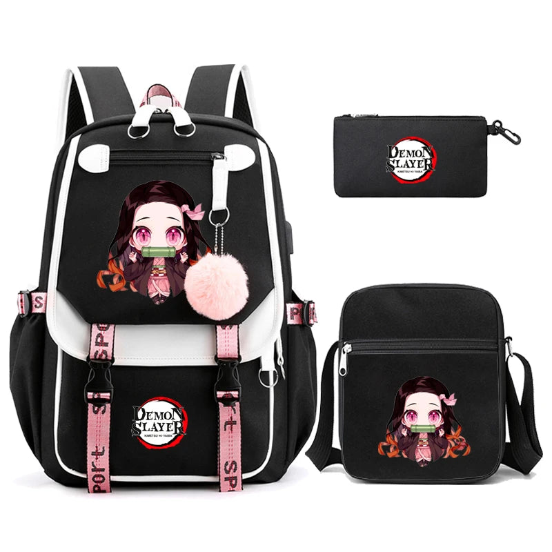 3Pcs/set Anime Kamado Nezuko Demon Slayer Backpacks for Girls School Bag Teenager Student Canvas Laptop Back Pack Women Rucksack