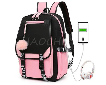 Lovely Kuromi Melody Backpacks USB Cartoon Purple Printed Boy Girls School Bag Students Bookbag Teens Women Mochila Escolar Niña