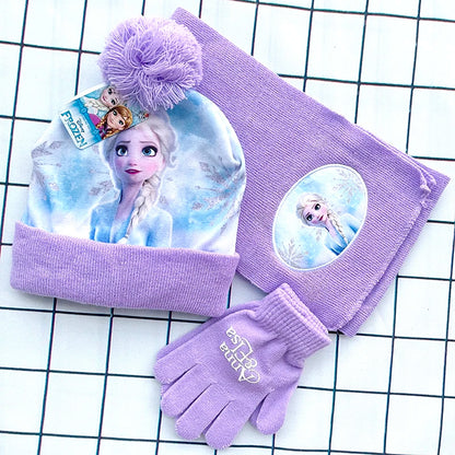 Children's Hat New Fall Winter ELSA Cartoon Hat Scarf Gloves Kids Toddler Girl Hat and Scarf Set