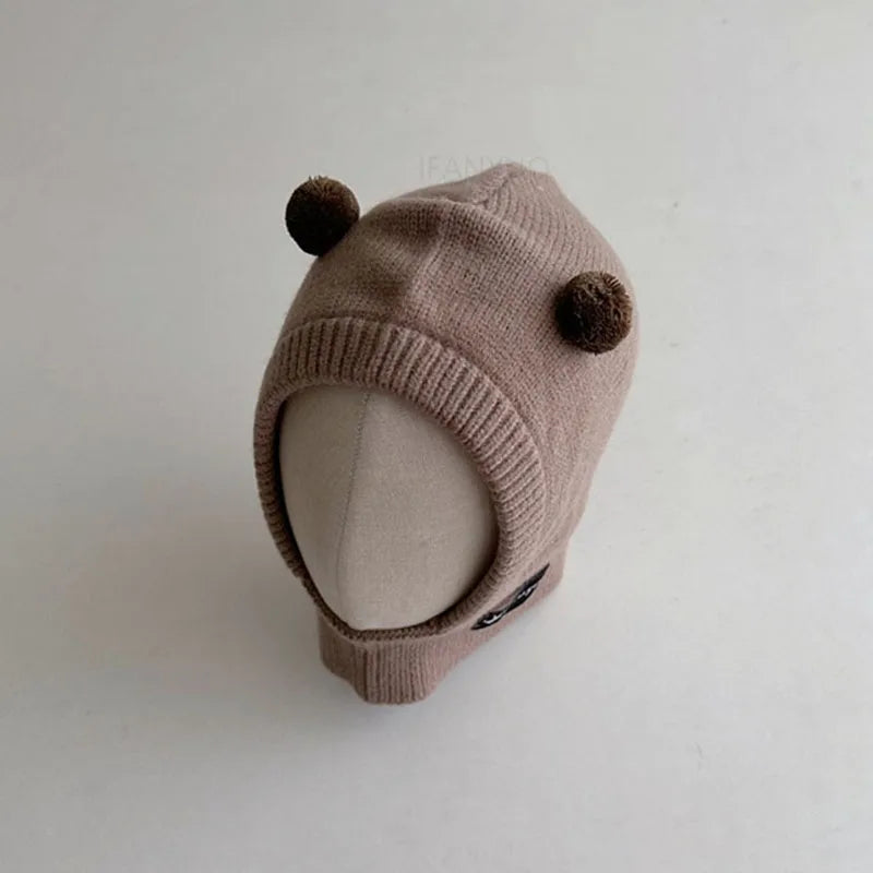 Baby Scarf Hat One-piece Knitted Cap Warm Cute Double Hairball Children Ear Protection Caps Korean Boys Girls Kid Windproof Hats