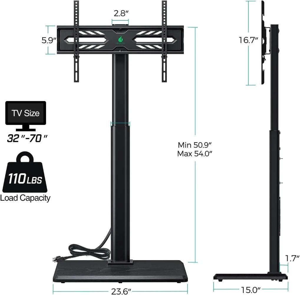 Greenstell with Power Outlet, Universal Floor TV Stand for 32-70 Inch TVs, Height Adjustable, Swivel Tall with Wood Base