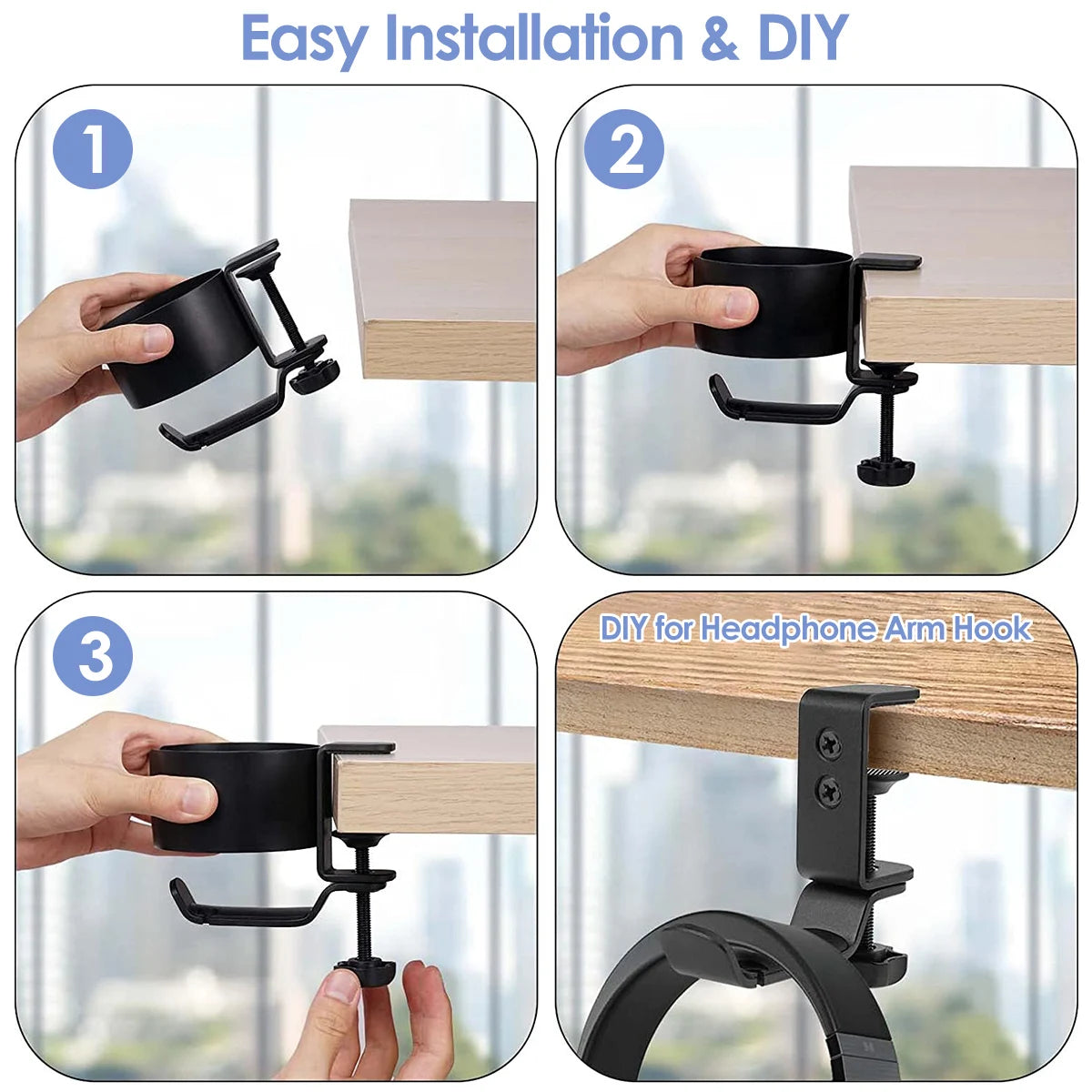 2 in 1 360° Rotation Headphone Holder With Cup Rack Adjustable Under Desk Clamp Table Side Drink Hanger for Home Offices NEW2024