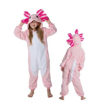 Kids Pink Newt Cute Cartoon Cosplay One Piece Pajamas Baby Animals Halloween Boys Girls Yellow axolotl Kigurumi Anime Pajamas