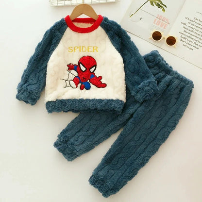 Winter Disney Children Clothing Boys Sleepwear Set Flannel Thick Long Sleeve Warm Set Pajamas Two Pieces Kids Clothes Spiderman