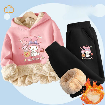 Kuromi Plush Warm Children's Clothing Set for Girls Thicken Fleece Lined Sweatshirt + Pants 2 Pcs Suit Winter Tracksuit