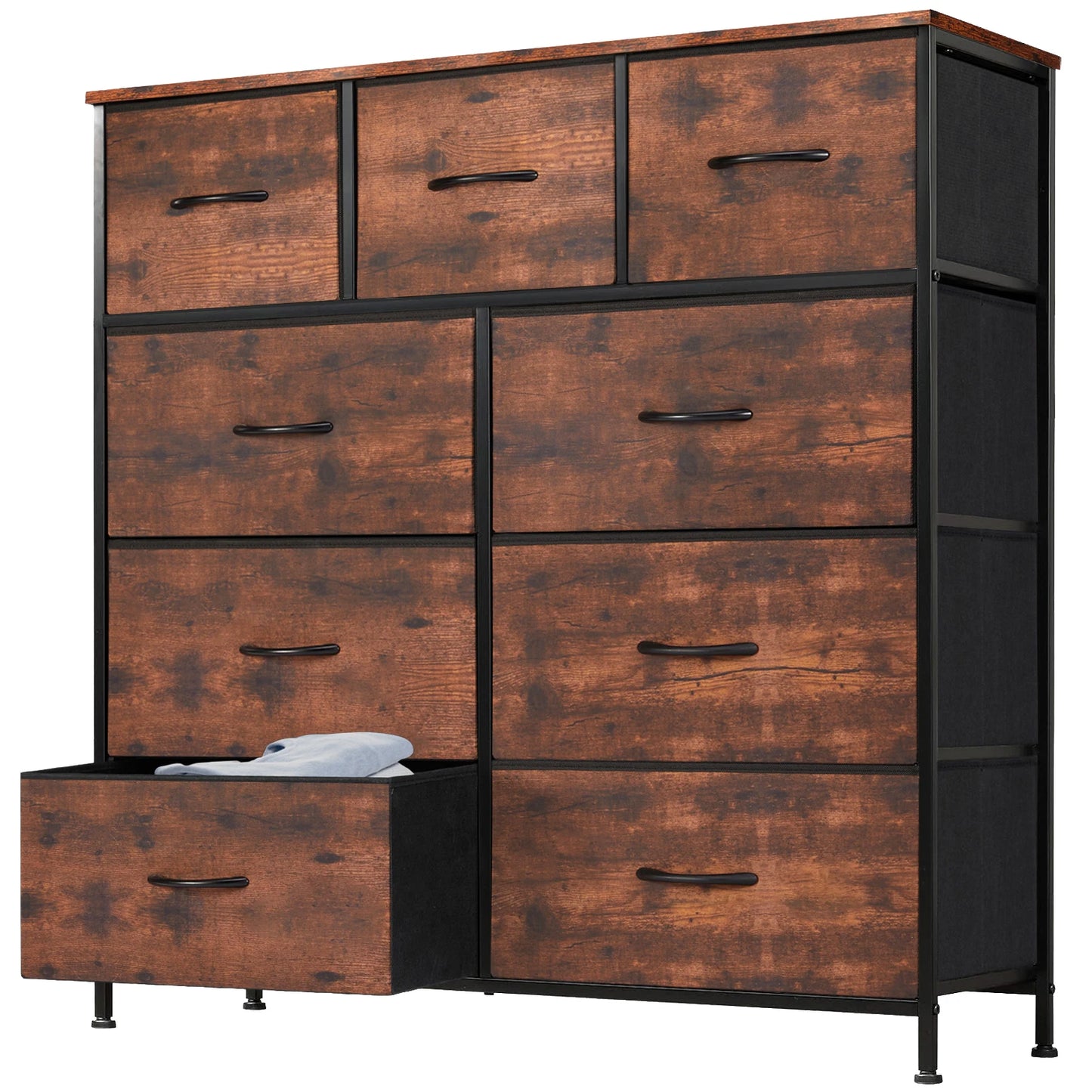 Dresser For Bedroom With 9 Fabric Storage Drawer Wardrobe Tall Chest Organizer Closet Adult Kids Clothes Wood Cabinet Furniture