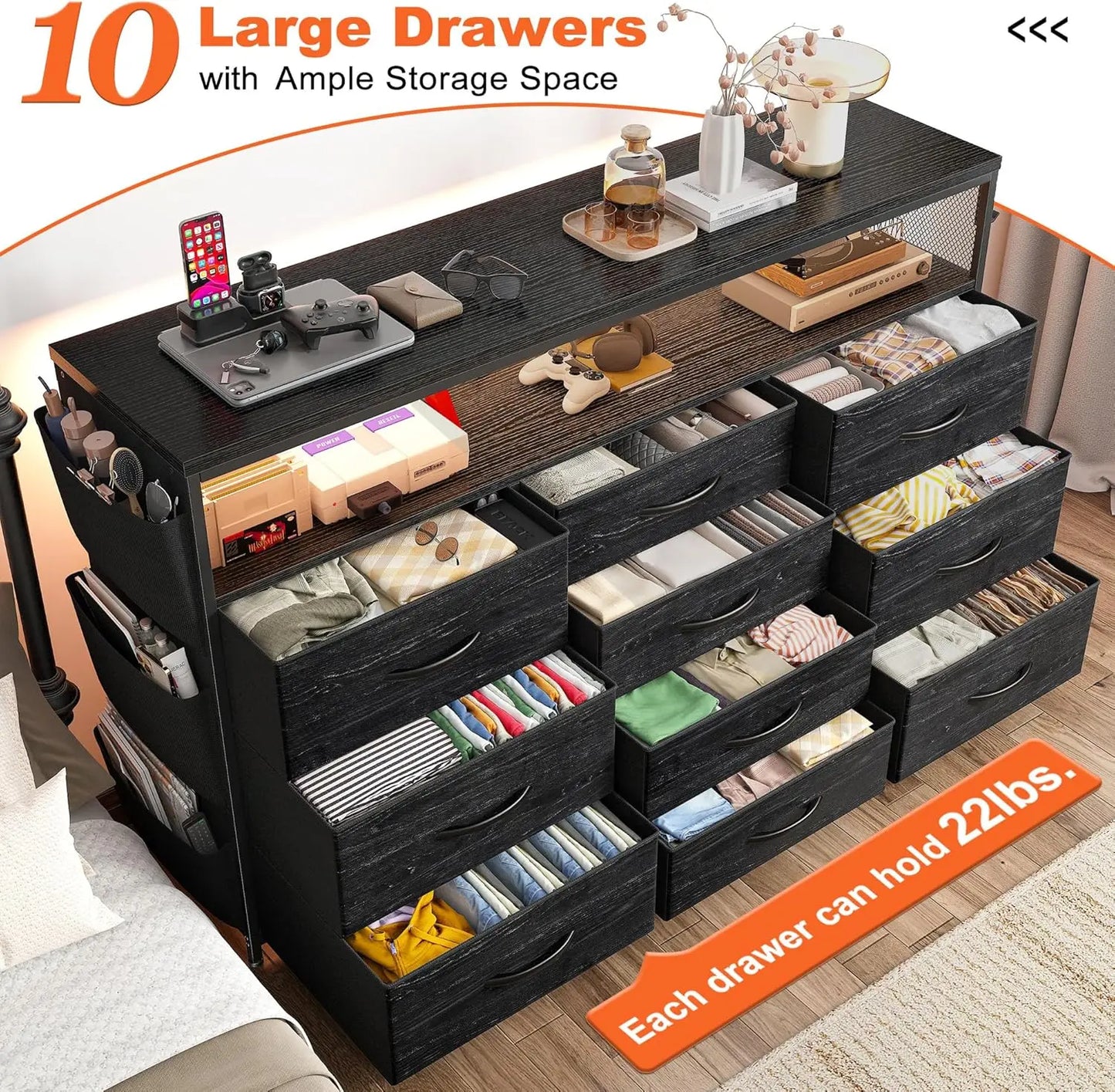 Dresser TV Stand with 10 Drawers for 55" TV Stand for Bedroom with LED Lights & Power Outlets Wide Dresser for Bedroom