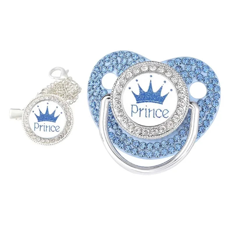 Luxury Rhinestones Baby Pacifier Chain Clips with Lid Princess Prince Crown Pacifiers Newborn Silicone Nipple Infant Shower Gift