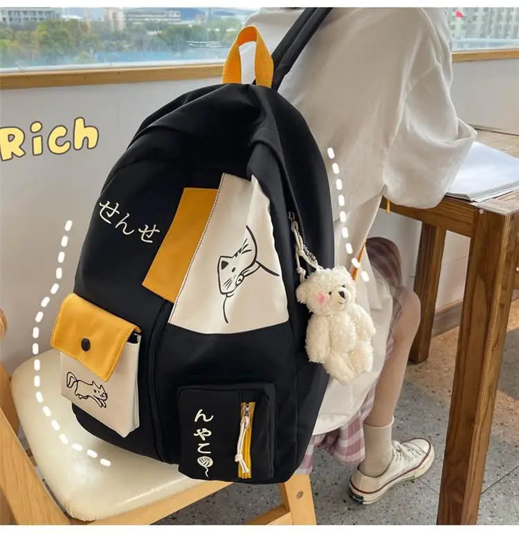 Hundreds of simple junior high school students schoolbag Large capacity primary school students schoolbag cute cat pattern