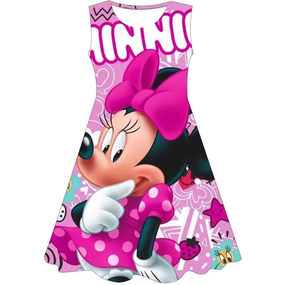 Minnie Mouse Girls Dress 2024 Summer New Girls Round Collar Disney Series Cartoon Casual Dresses Party Evening One Piece Skirts