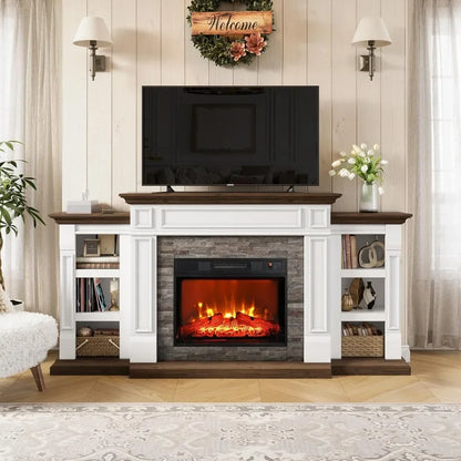 Electric Fireplace with Mantel and Cabinets, Fireplace TV Stand for Living Room Bedroom, Stacked Stone Surround and Remote