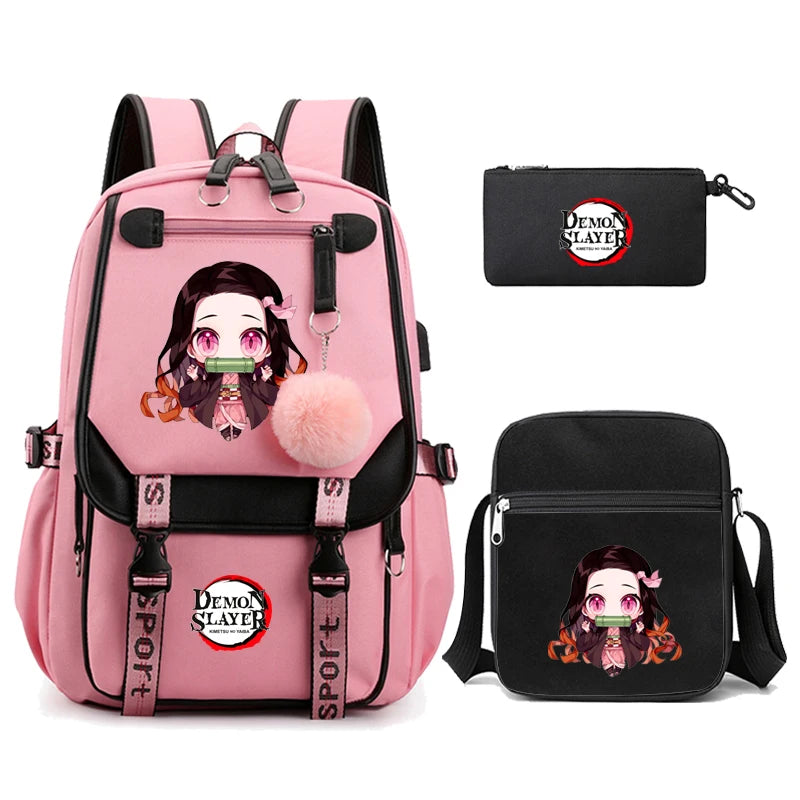 3Pcs/set Anime Kamado Nezuko Demon Slayer Backpacks for Girls School Bag Teenager Student Canvas Laptop Back Pack Women Rucksack