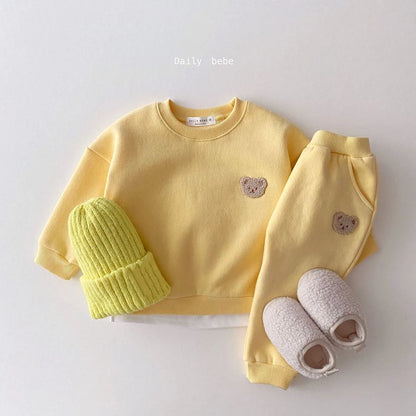 Baby Bear Embroidery  Fleece Pullover  Set  Sweatshirt Tops+Harem Jogger Pants Suits 2pcs Girls Boys  Lined Clothes