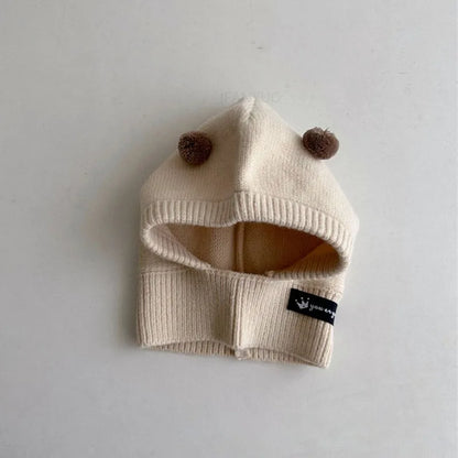 Baby Scarf Hat One-piece Knitted Cap Warm Cute Double Hairball Children Ear Protection Caps Korean Boys Girls Kid Windproof Hats